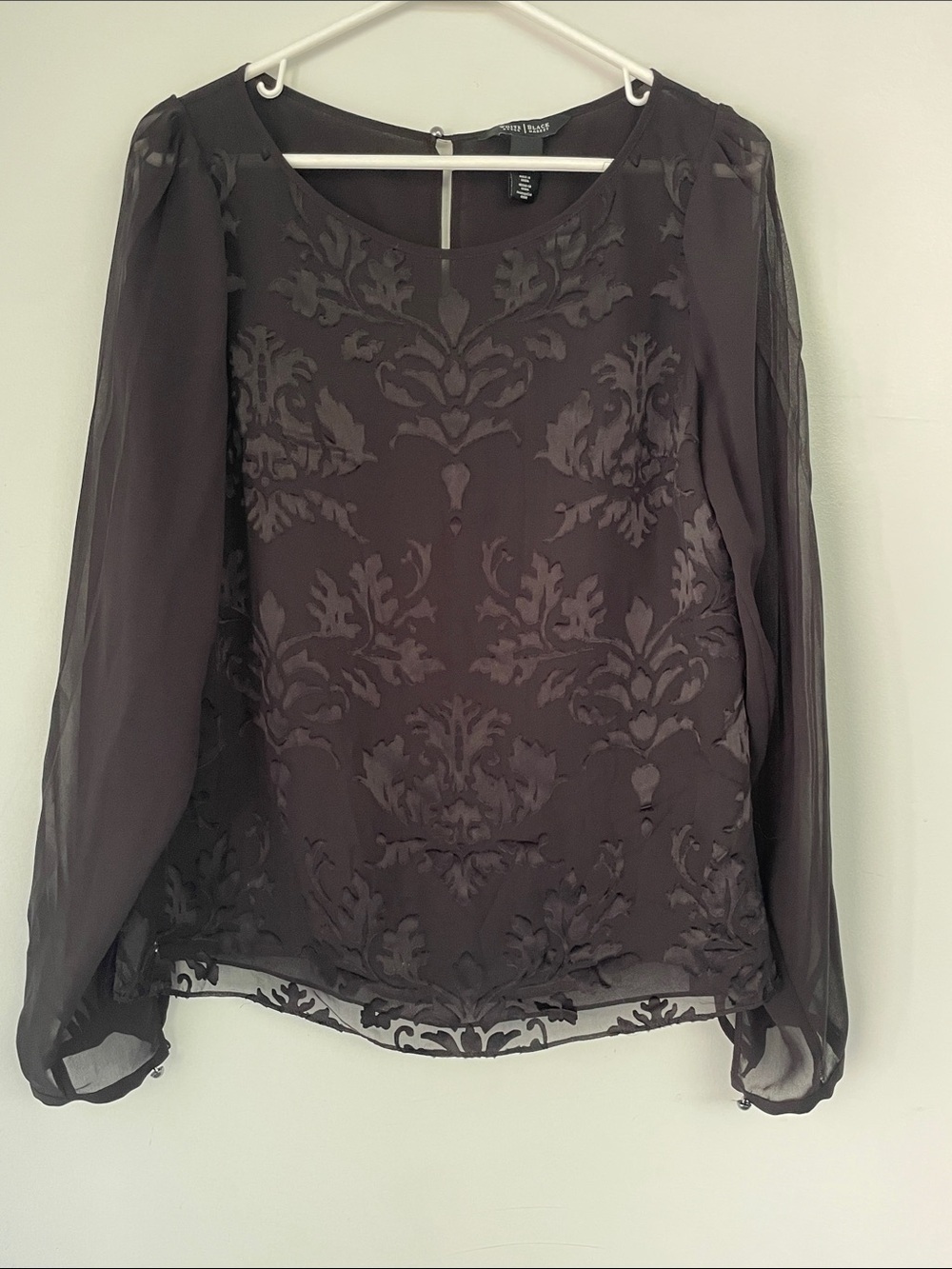 White House Black Market Women’s Black Damask Sheer Blouse 6